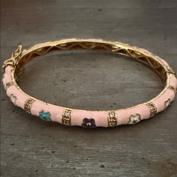 Pink Enamel Floral Bangle snap closure Bracelet - Picture 4 of 6